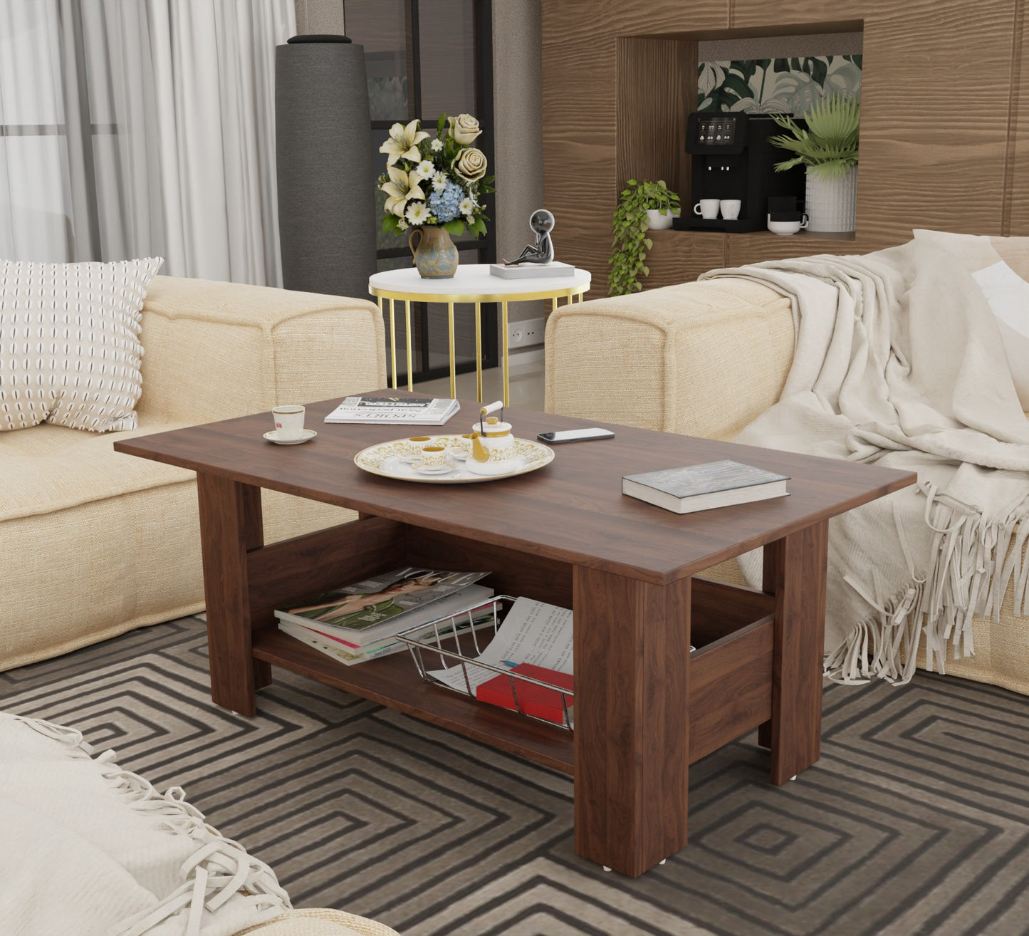 Spyder Craft Gabrial Modern Wooden Coffee Table with Storage| Coffee Table for Living Room Engineered Wood Coffee Table (Modern, Columbian Walnut)