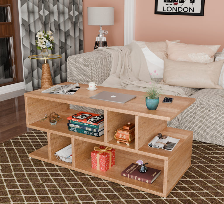 Spydercraft Zig Zag Bedside Table in Canyon Oak Finish | Modern Wooden Nightstand with Open Shelves | Engineered Wood Side Table