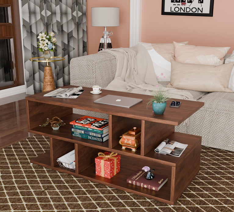 Spydercraft Zig Zag Bedside Table in Columbian Walnut Finish | Modern Wooden Nightstand with Open Shelves | Engineered Wood Side Table