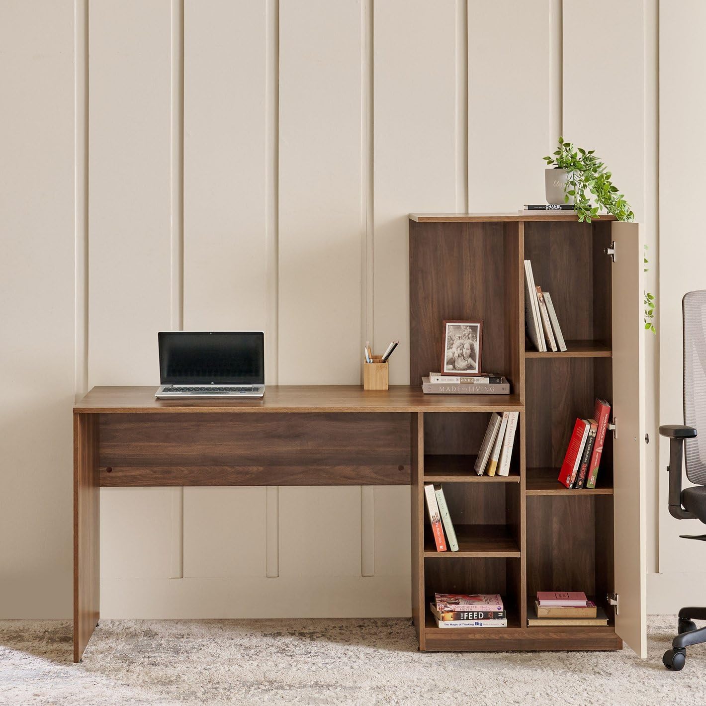 Spydercraft Modern Dyna Study Table with Storage Cabinet – Space-Saving Work Desk in Walnut & White Finish