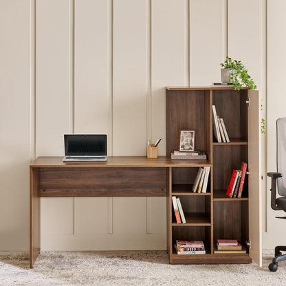 Spydercraft Modern Dyna Study Table with Storage Cabinet – Space-Saving Work Desk in Walnut & White Finish