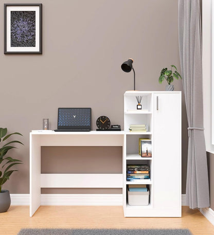 Spydercraft White Engineered Wood DYNA Study Table with Storage Cabinet – Modern Multipurpose Desk with Shelves