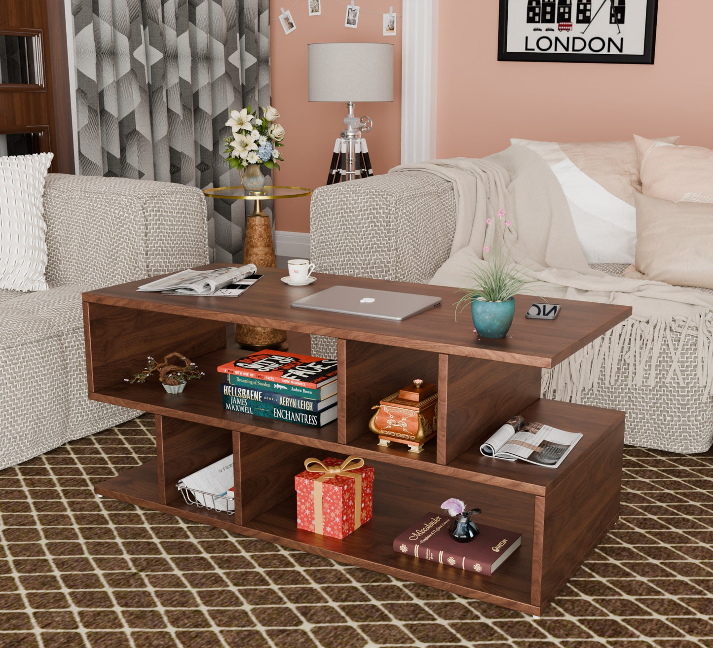 SPYDER CRAFT Zig Zag Multipurpose Coffee Table, Nesting Center Table, Round Leisure Table, Suitable for Bedside/Hallway/Living Room (Finish Color - Columbian walnut, DIY(Do-It-Yourself))