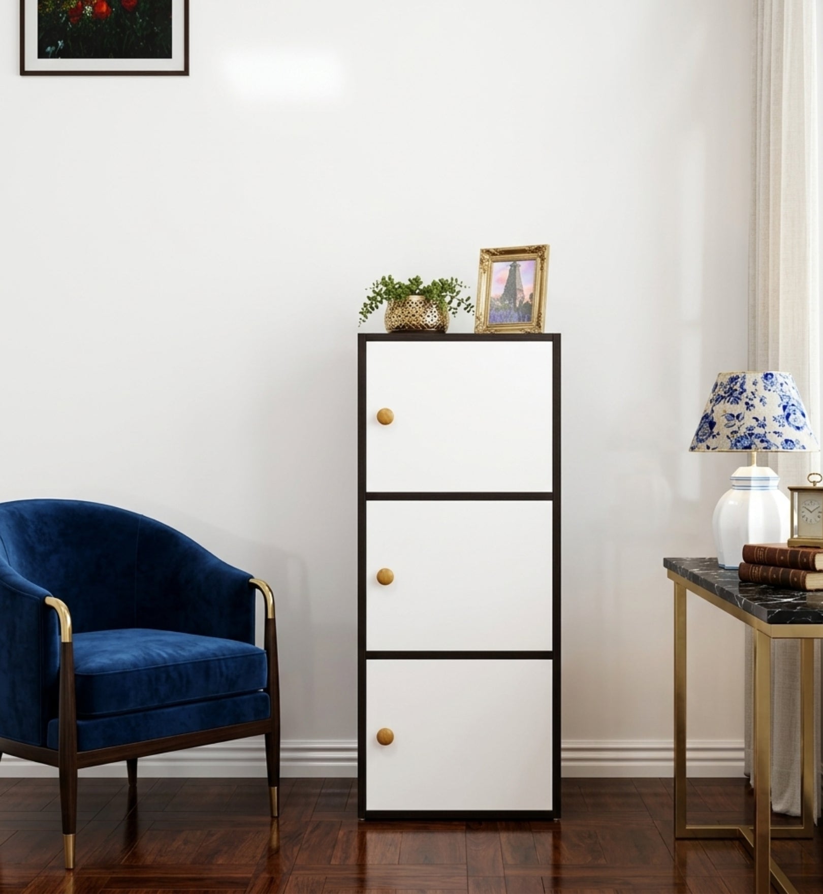 3-Tier Multipurpose Storage Cabinet – Compact Vertical Organizer in Black & White
