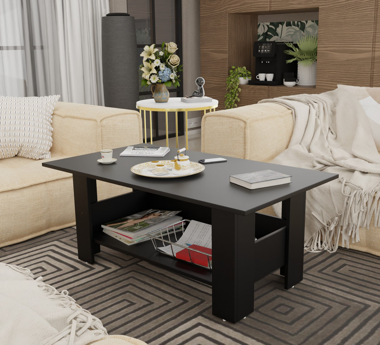 Spyder Craft Gabrial Modern Wooden Coffee Table with Storage| Coffee Table for Living Room Engineered Wood Coffee Table (Modern,Black)