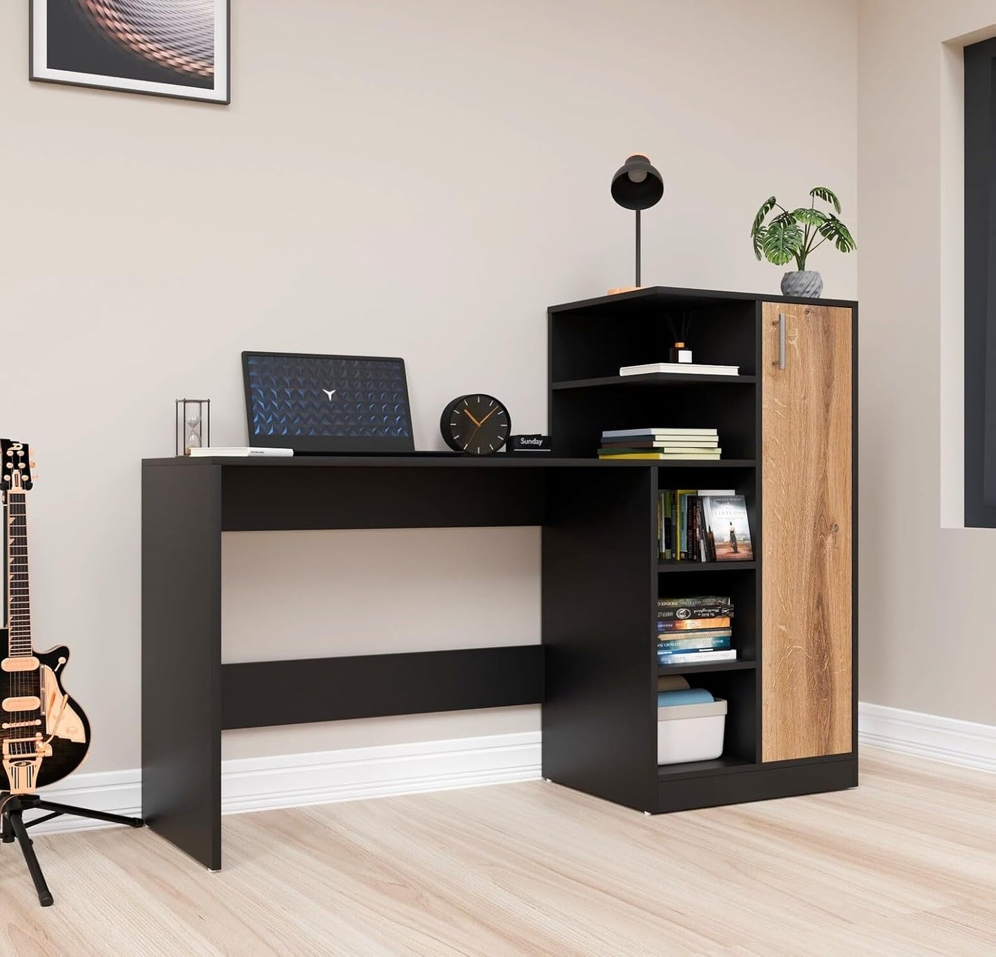 Spydercraft Canyon Oak & Black Engineered Wood DYNA Study Table with Storage Cabinet – Modern Multipurpose Desk with Shelves