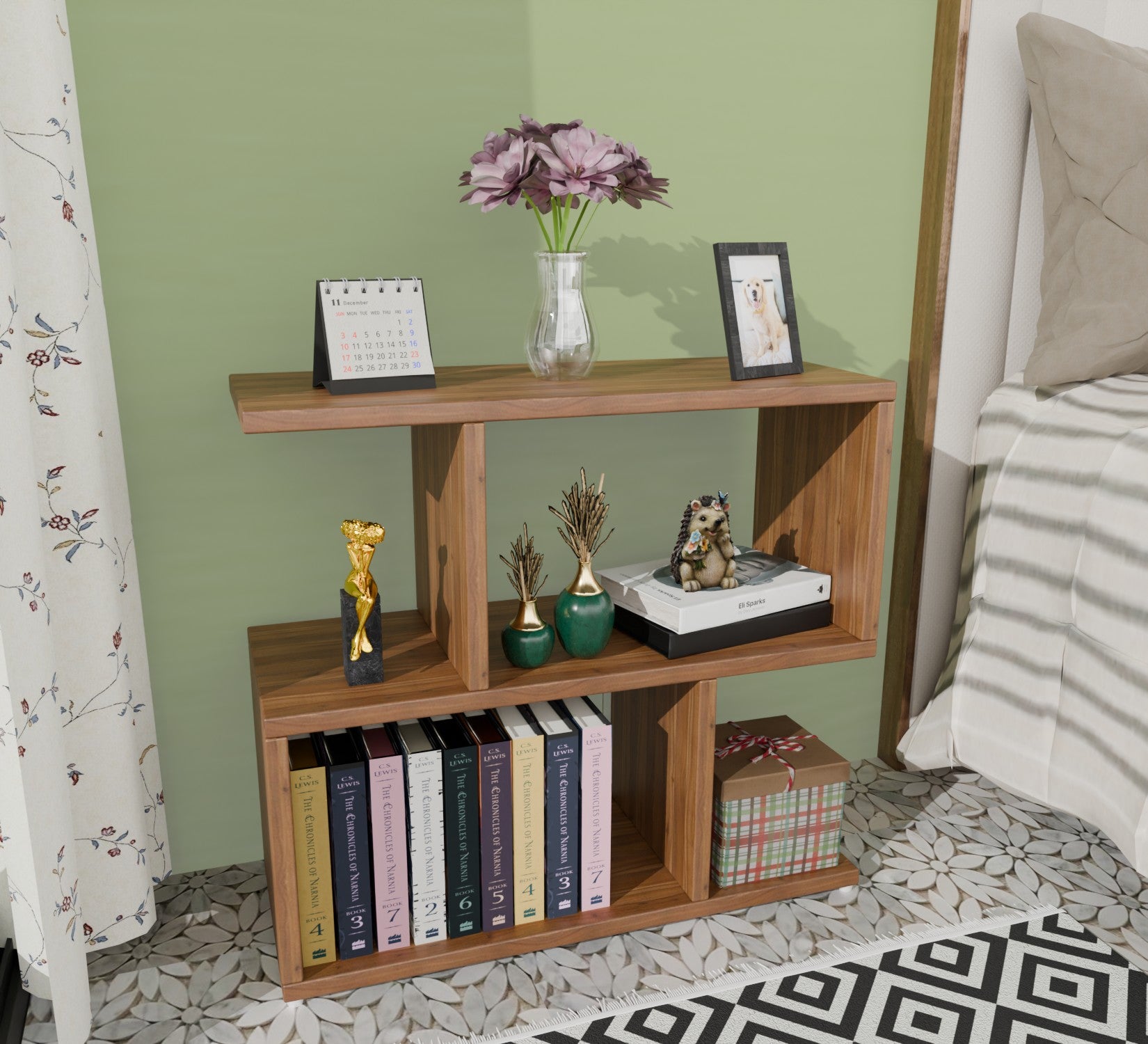 Spydercraft Zig Zag Bedside Table in Noce Lyon Finish | Modern Wooden Nightstand with Open Shelves | Engineered Wood Side Table