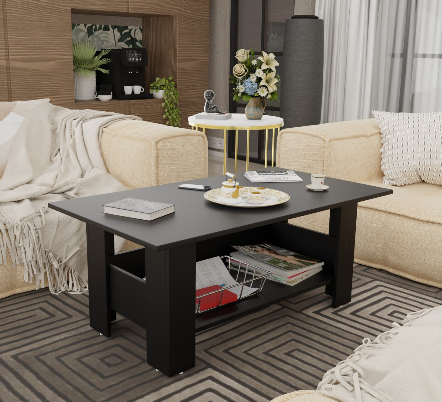 Spyder Craft Gabrial Modern Wooden Coffee Table with Storage| Coffee Table for Living Room Engineered Wood Coffee Table (Modern,Black)