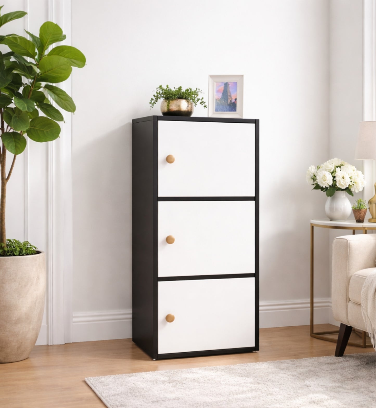 3-Tier Multipurpose Storage Cabinet – Compact Vertical Organizer in Black & White