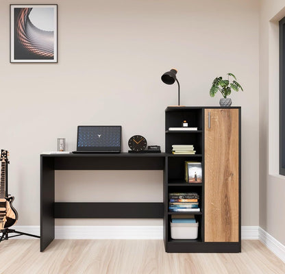 Spydercraft Canyon Oak & Black Engineered Wood DYNA Study Table with Storage Cabinet – Modern Multipurpose Desk with Shelves