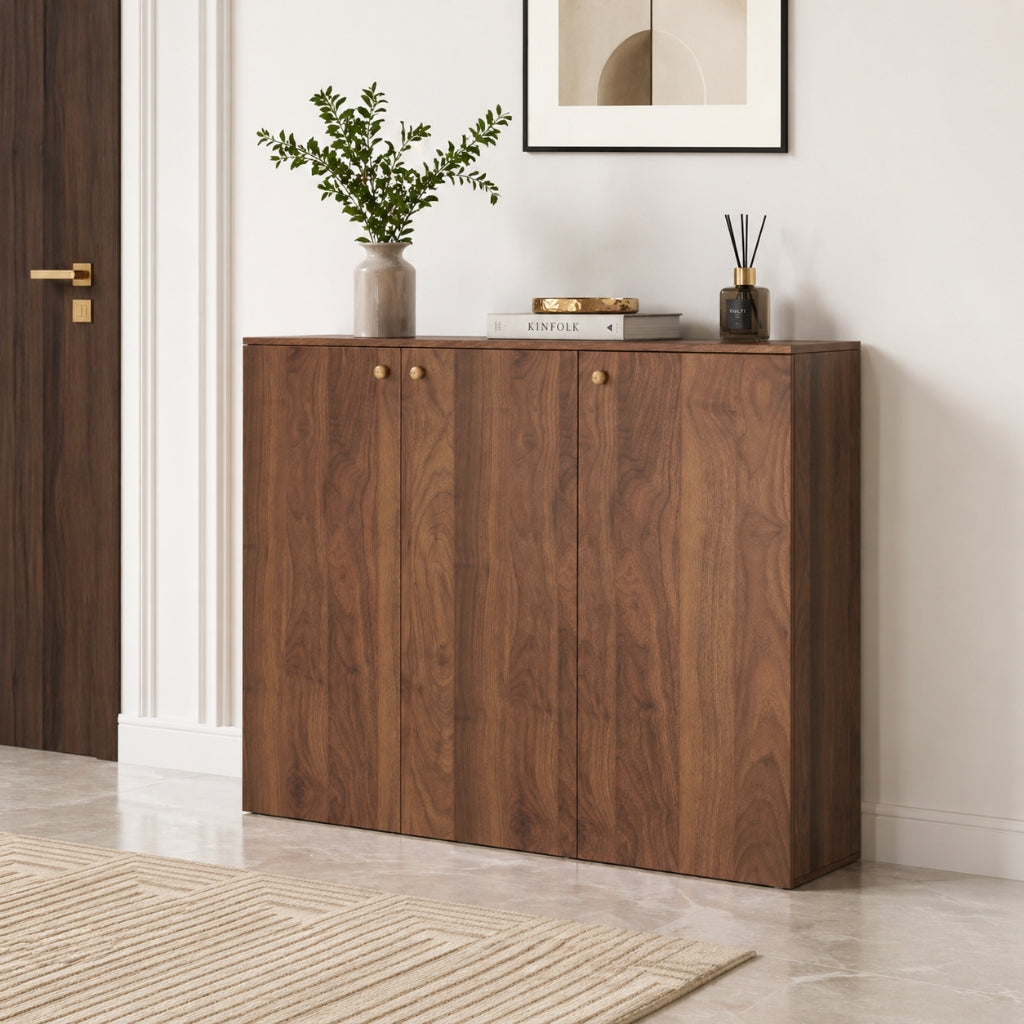 Apex 3 Door Shoe Rack Cabinet with Spacious Storage | Modern Wooden Footwear Organizer for Home & Entryway | Columbian Walnut Finish