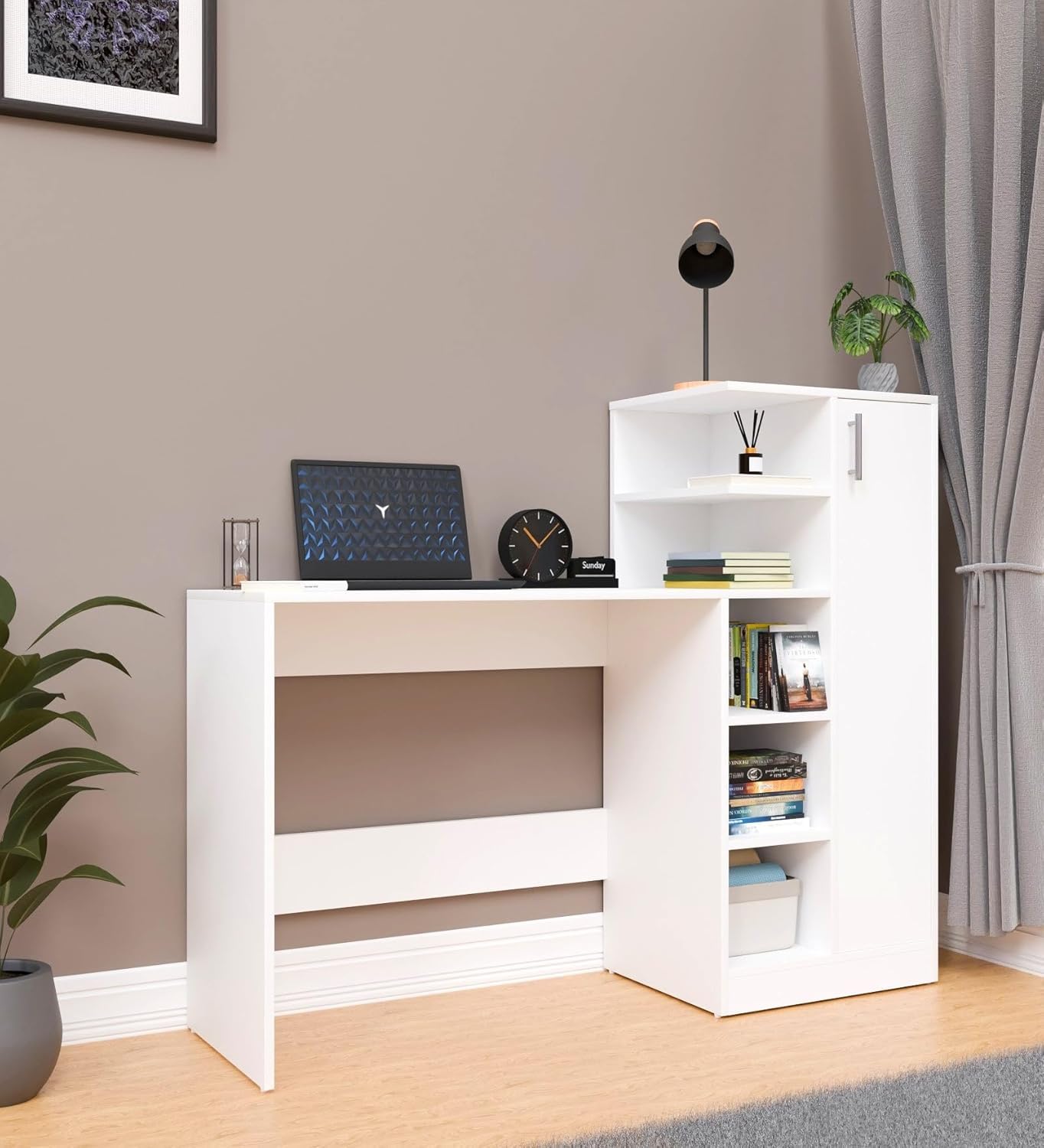 Spydercraft White Engineered Wood DYNA Study Table with Storage Cabinet – Modern Multipurpose Desk with Shelves