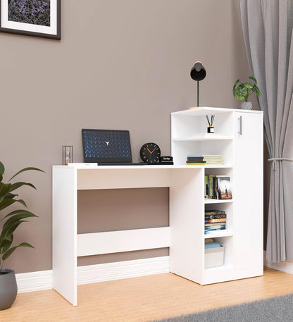 Spydercraft White Engineered Wood DYNA Study Table with Storage Cabinet – Modern Multipurpose Desk with Shelves