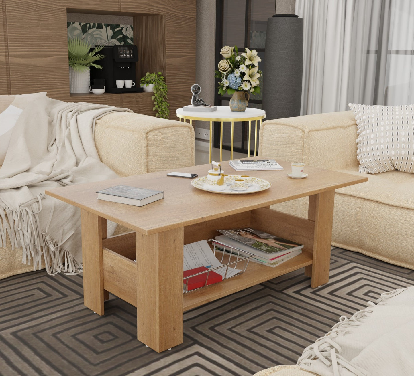 Spyder Craft Gabrial Modern Wooden Coffee Table with Storage| Coffee Table for Living Room Engineered Wood Coffee Table (Modern, Canon Oak)