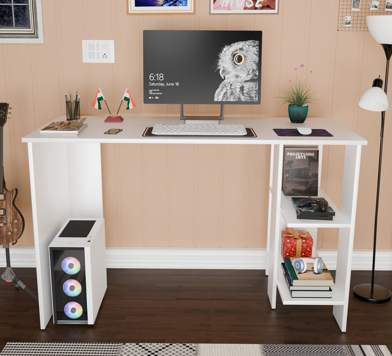 Spydercraft Modern Study Table with Storage Shelves in White Finish | Minimalist Computer Desk for Home & Office