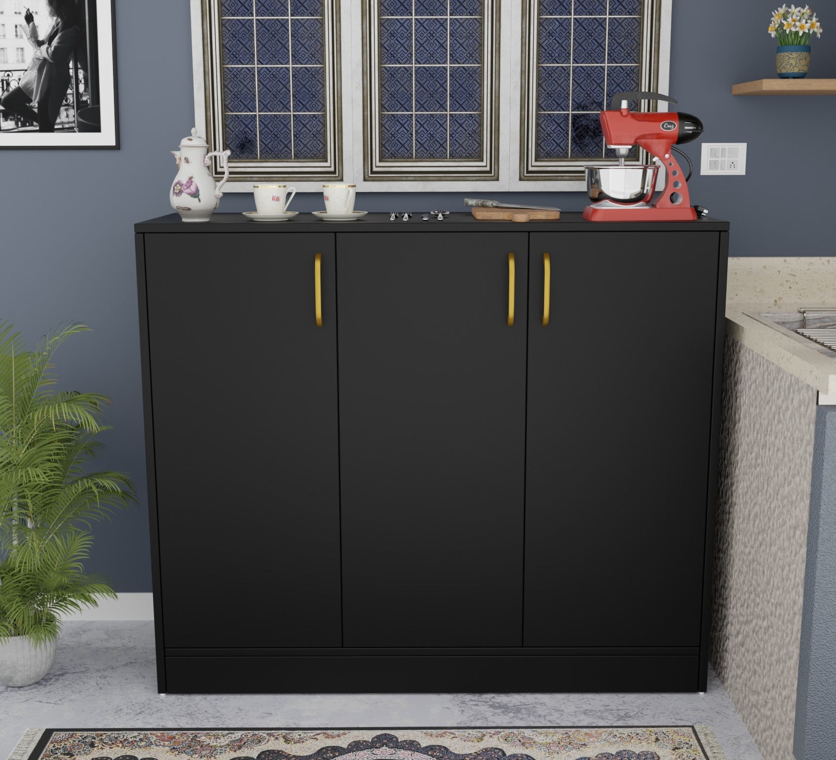 Spydercraft Accent Modern Storage Cabinet with Matte Finish and Premium Metal Handles| Color: Black | Multipurpose cabinet