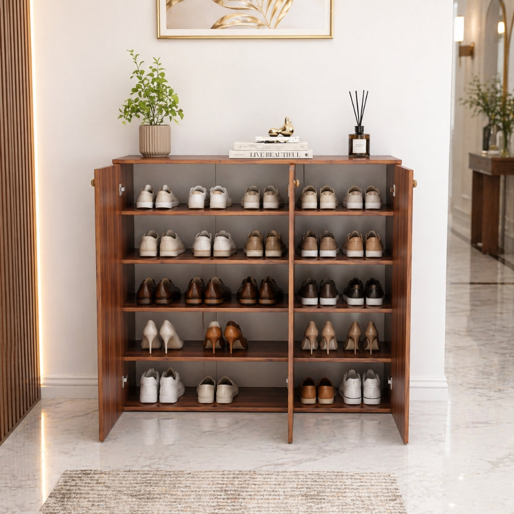 Apex 3 Door Shoe Rack Cabinet with Spacious Storage | Modern Wooden Footwear Organizer for Home & Entryway | Noce Lyon Finish