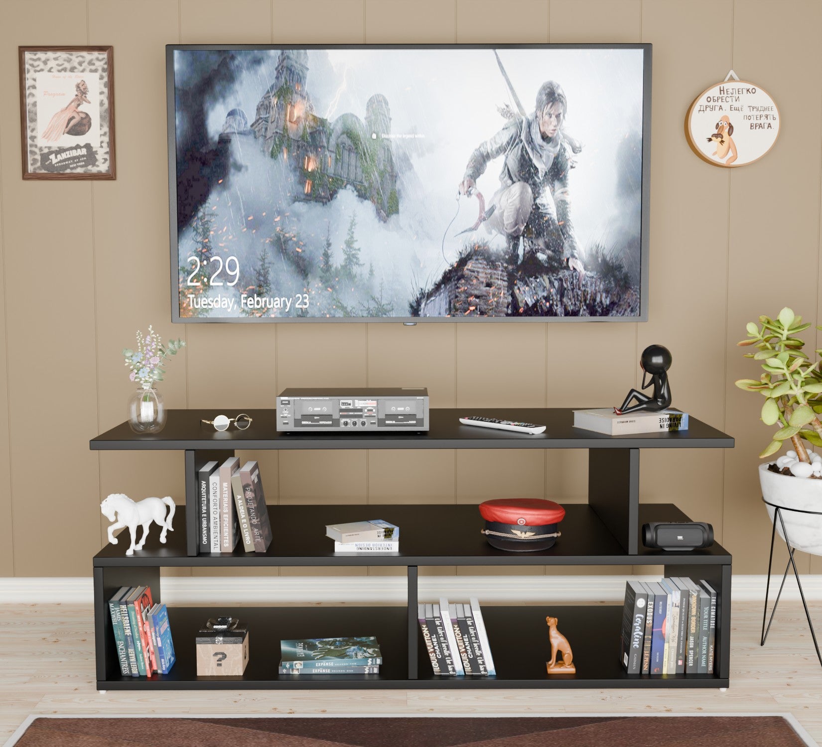 Spyder Craft Iris Matte Finish TV Entertainment Unit, Tv Stand | Decore Living Room Engineered Wood TV Entertainment with Books Storage & Decor Display Unit (Finish Color - Black, DIY(Do-It-Yourself))