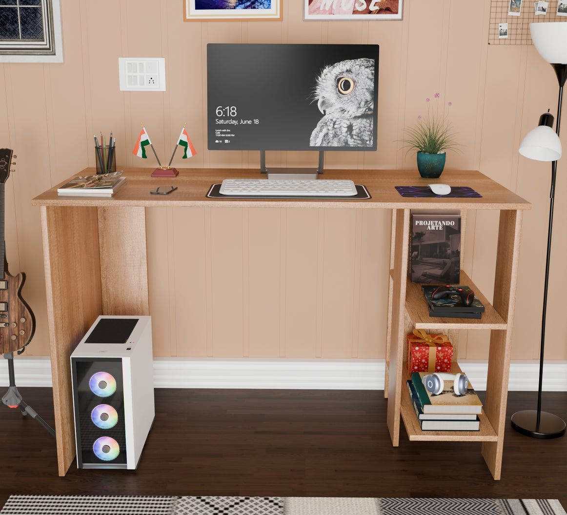 Spydercraft Modern Study Table with Storage Shelves in Canyon Oak Finish | Minimalist Computer Desk for Home & Office