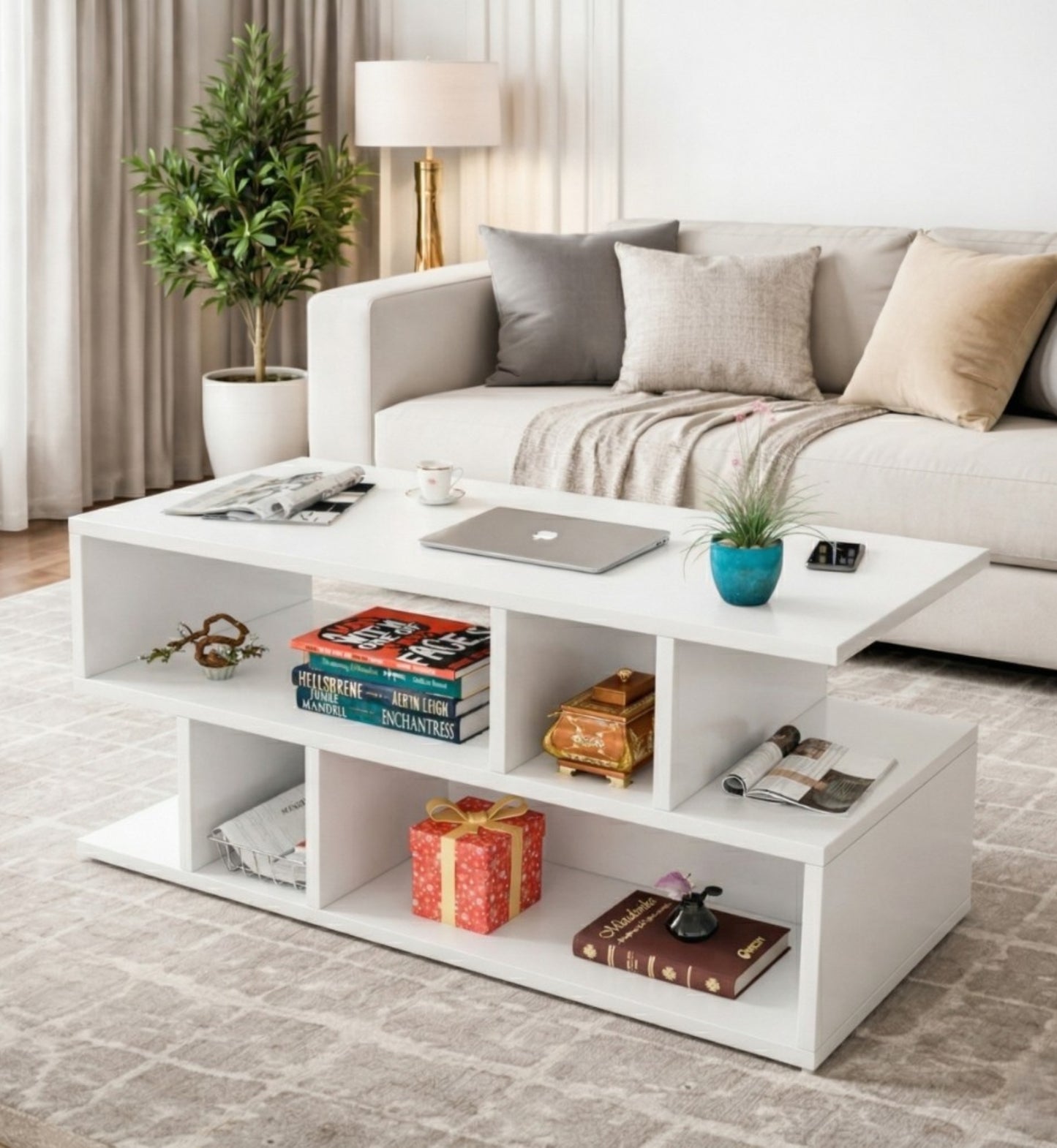 Spydercraft Zig Zag Bedside Table in White Finish | Modern Wooden Nightstand with Open Shelves | Engineered Wood Side Table