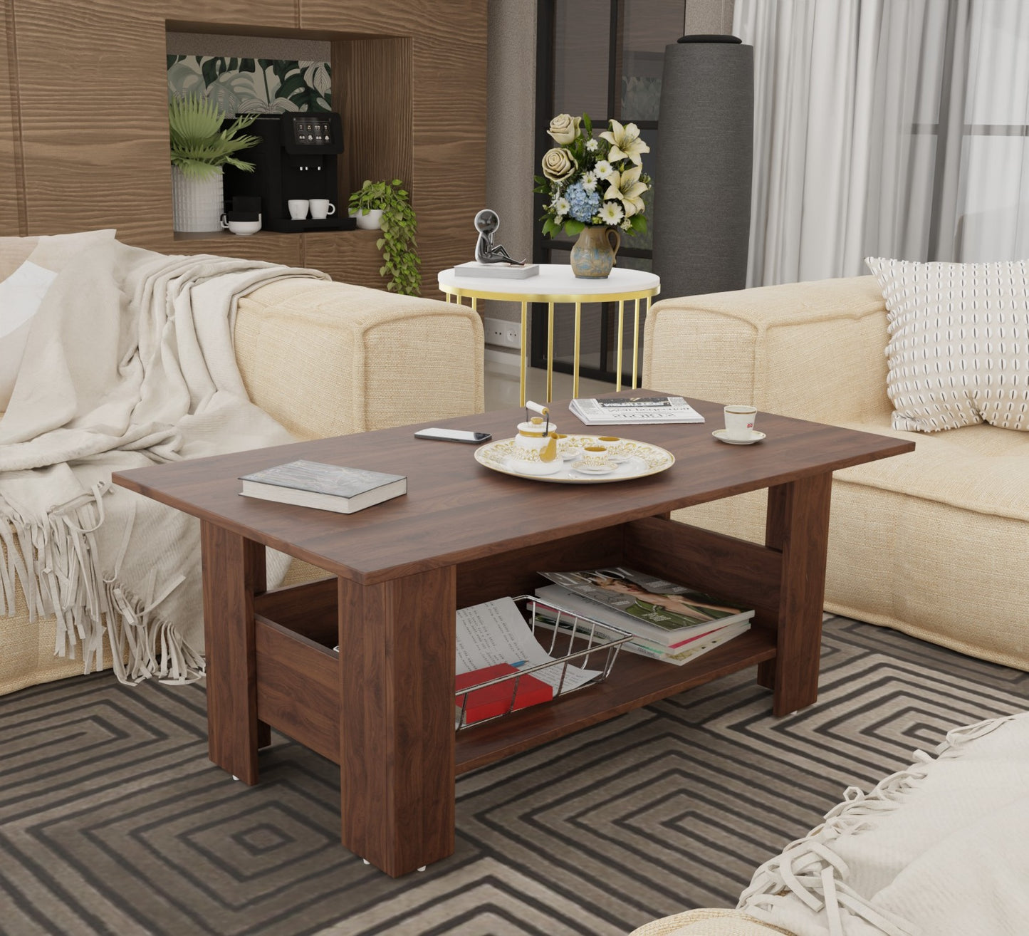 Spyder Craft Gabrial Modern Wooden Coffee Table with Storage| Coffee Table for Living Room Engineered Wood Coffee Table (Modern, Columbian Walnut)