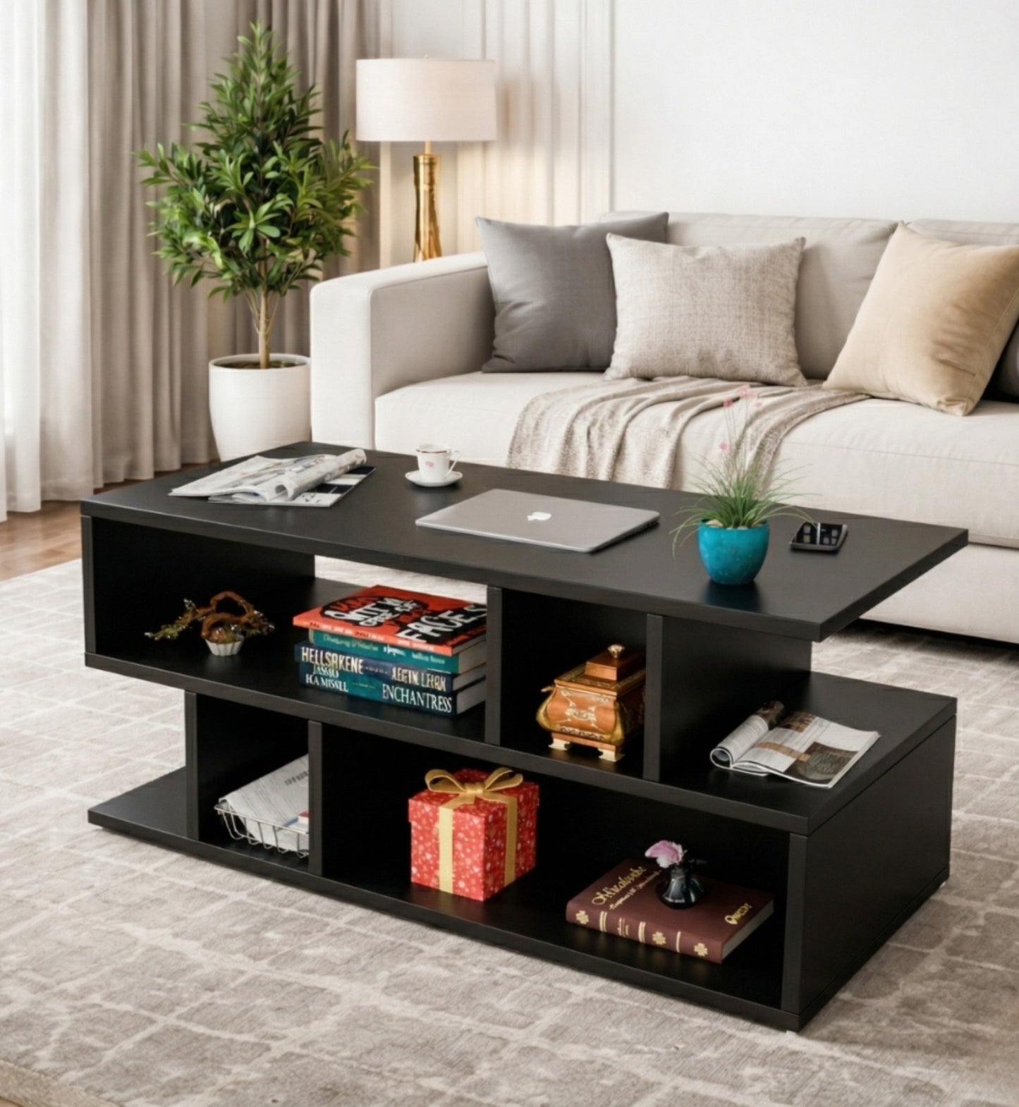 Spydercraft Zig Zag Bedside Table with Open Shelves | Modern Wooden Nightstand for Bedroom & Living Room | Engineered Wood Side Table