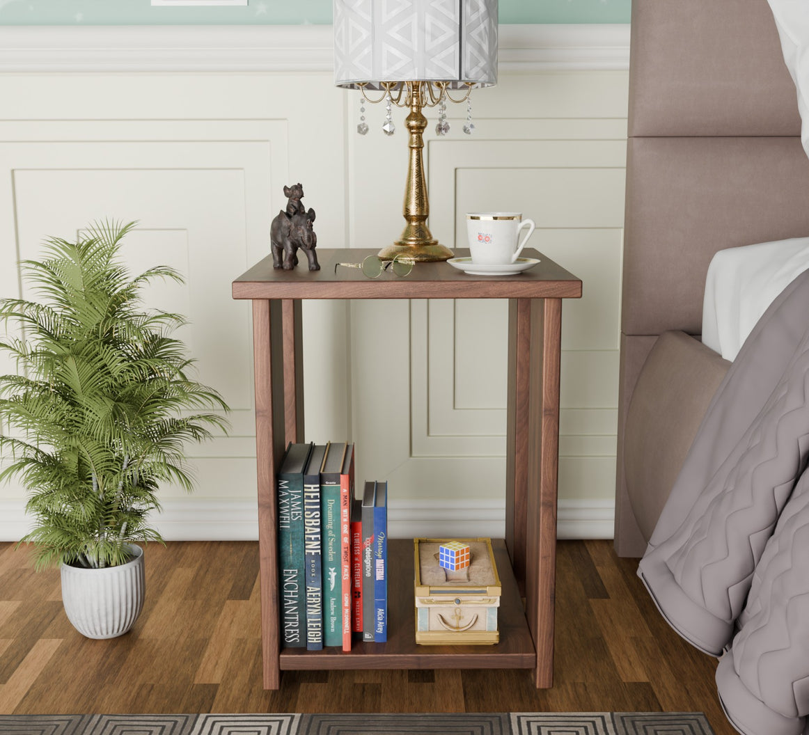 Spydercraft Modern Bedside Table in Columbian Walnut Finish with Open Storage Shelf | Compact Night Stand for Bedroom & Living Room | Engineered Wood