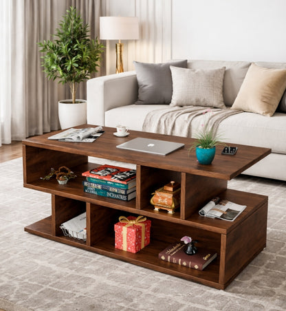 Spydercraft Zig Zag Bedside Table in Columbian Walnut Finish | Modern Wooden Nightstand with Open Shelves | Engineered Wood Side Table