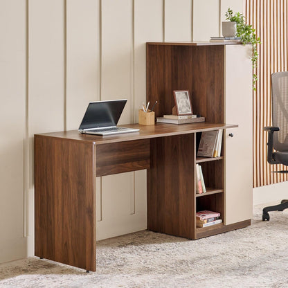 Spydercraft Modern Dyna Study Table with Storage Cabinet – Space-Saving Work Desk in Walnut & White Finish