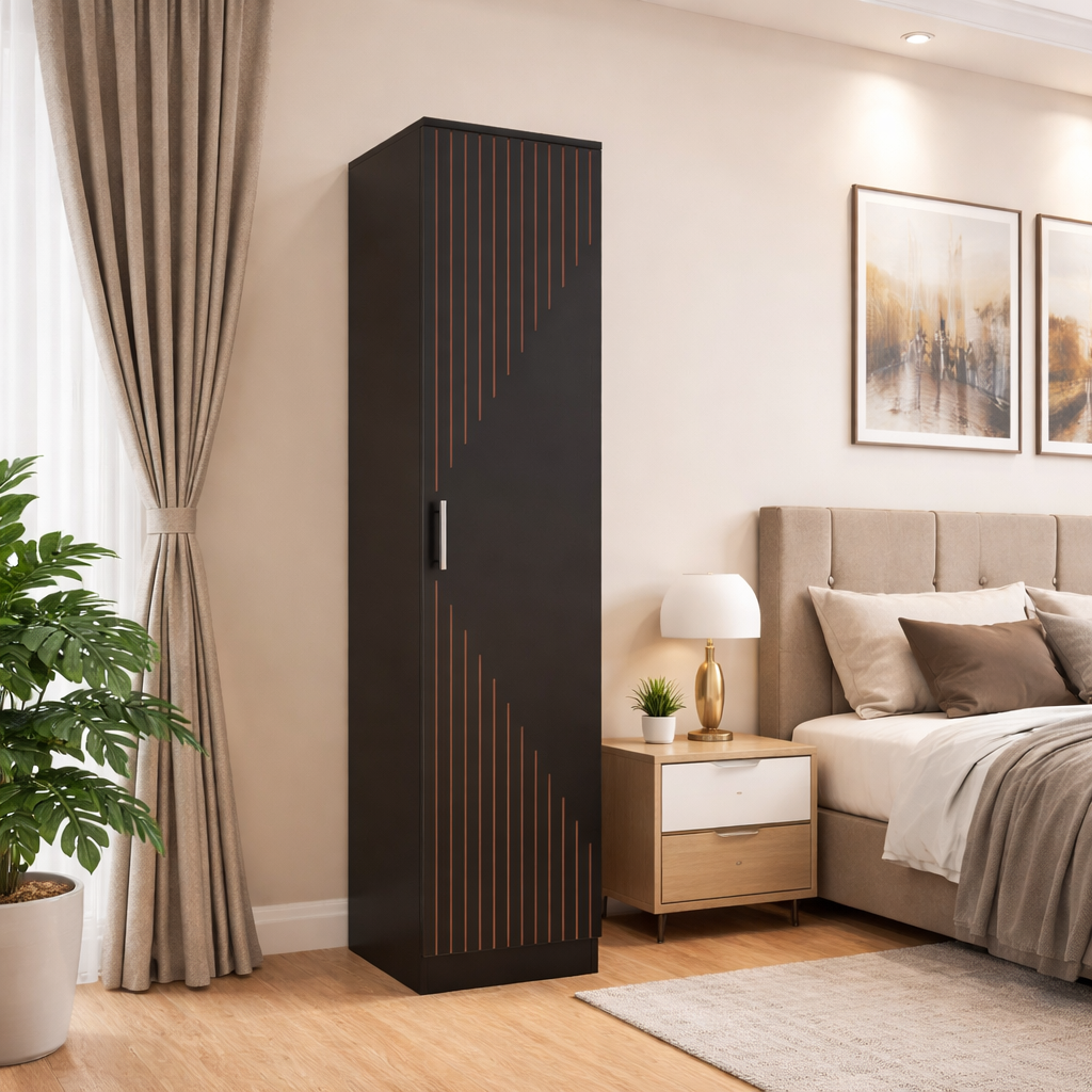 Spydercraft Single Door Fraser Wardrobe | Sleek Matte Finish | Space-Saving Storage Unit (180 cm Height)| Color: Black