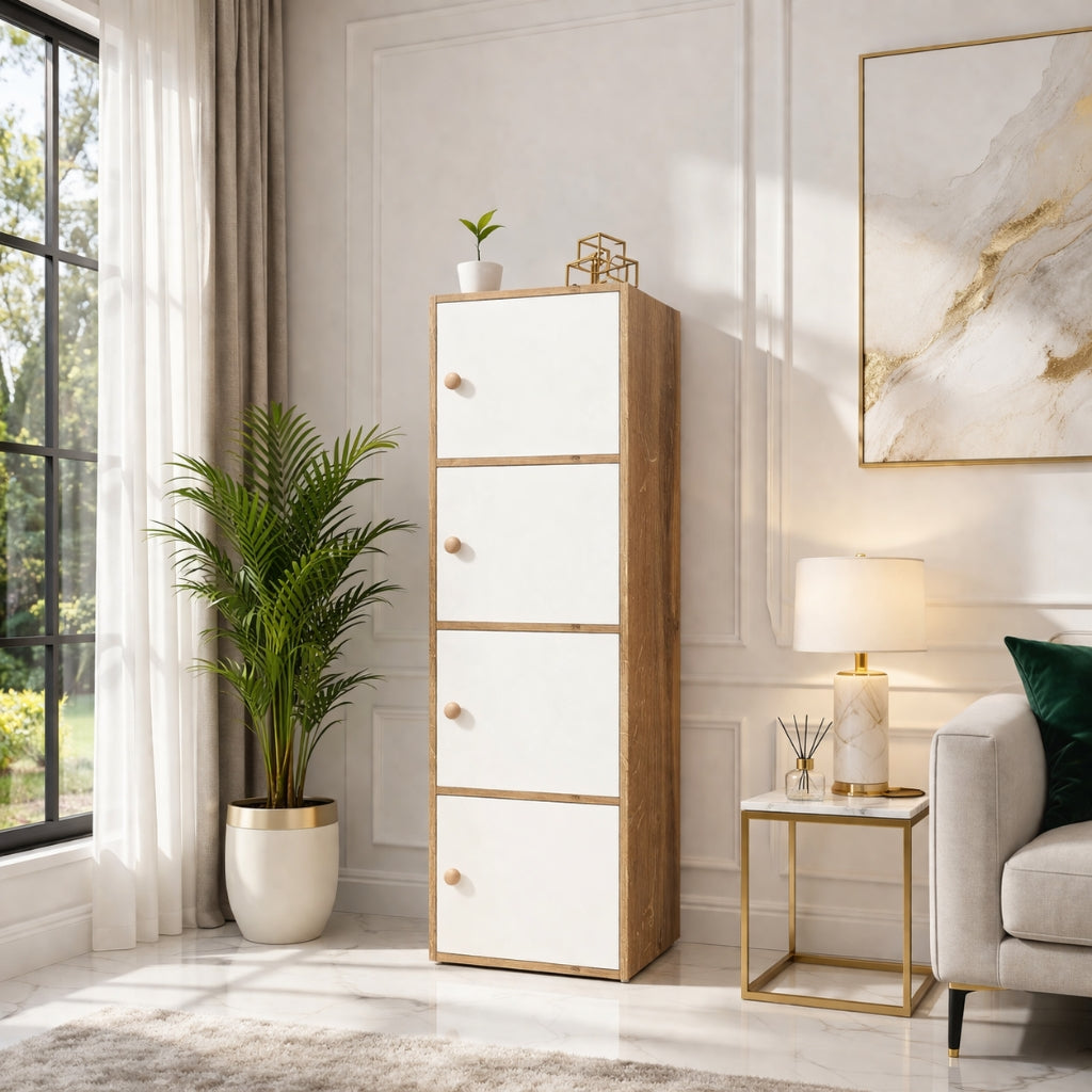 4-Tier Multipurpose Storage Cabinet – Compact Vertical Organizer (White & Canyon Oak Finish)