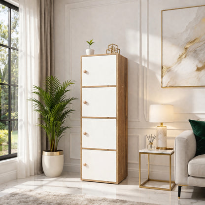 4-Tier Multipurpose Storage Cabinet – Compact Vertical Organizer (White & Canyon Oak Finish)