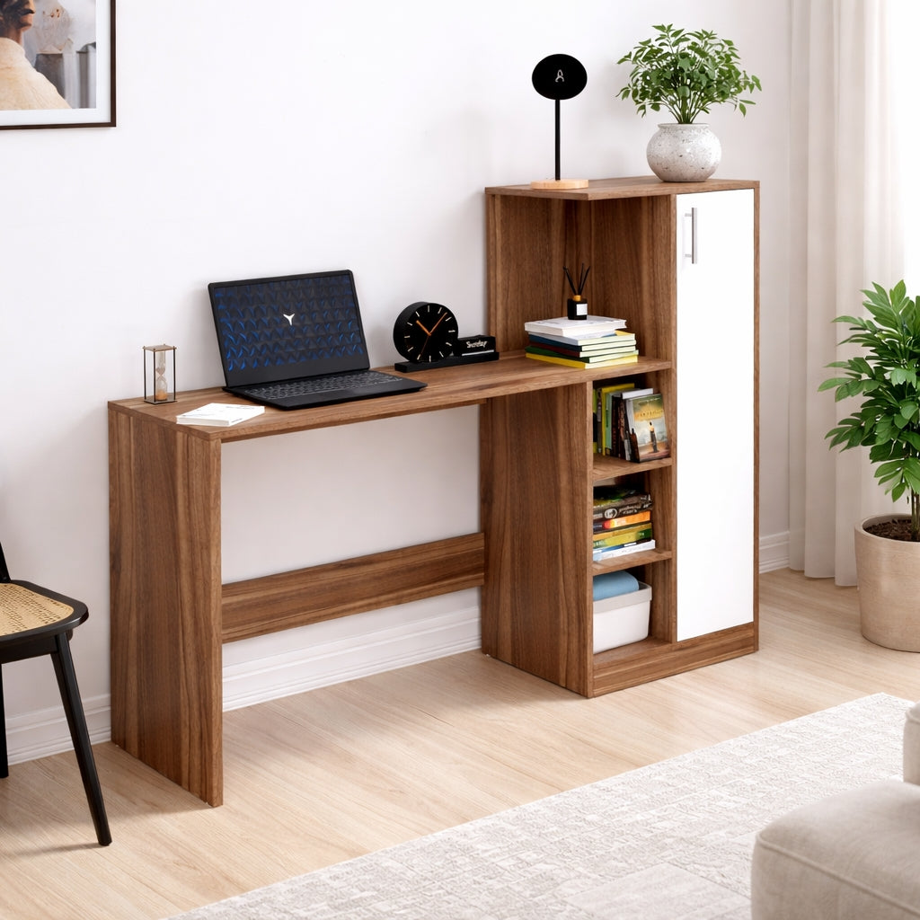 Spydercraft Noce Lyon & White Engineered Wood DYNA Study Table with Storage Cabinet – Modern Multipurpose Desk with Shelves