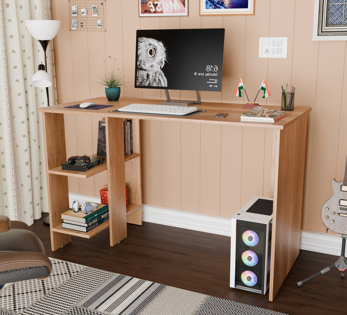 Spydercraft Modern Study Table with Storage Shelves in Canyon Oak Finish | Minimalist Computer Desk for Home & Office