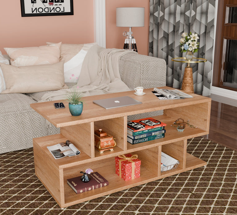 Spydercraft Zig Zag Bedside Table in Canyon Oak Finish | Modern Wooden Nightstand with Open Shelves | Engineered Wood Side Table