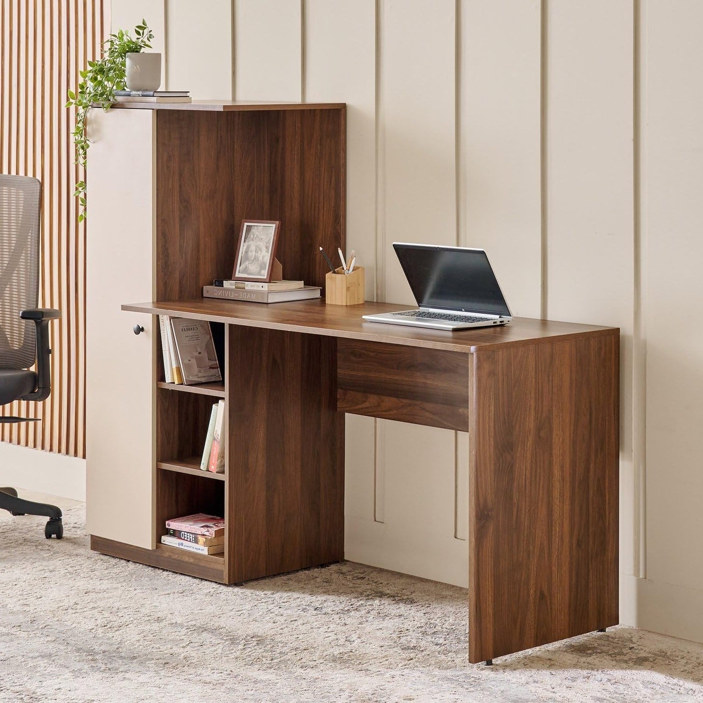 Spydercraft Modern Dyna Study Table with Storage Cabinet – Space-Saving Work Desk in Walnut & White Finish