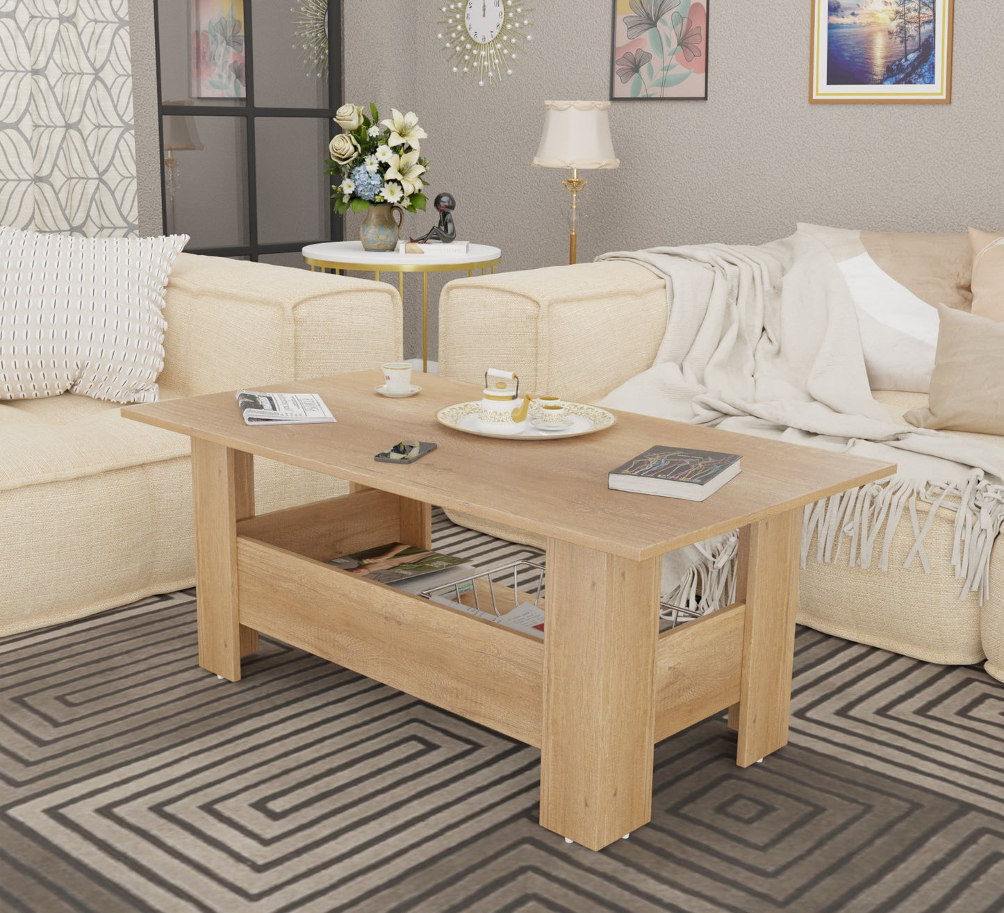 Spyder Craft Gabrial Modern Wooden Coffee Table with Storage| Coffee Table for Living Room Engineered Wood Coffee Table (Modern, Canon Oak)