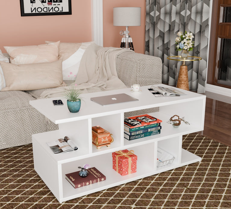 Spydercraft Zig Zag Bedside Table in White Finish | Modern Wooden Nightstand with Open Shelves | Engineered Wood Side Table