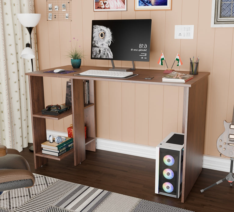 Spydercraft Modern Study Table with Storage Shelves in Columbian Walnut Finish | Stylish Computer Desk for Home & Office