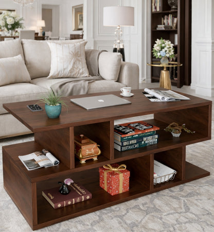 Spydercraft Zig Zag Bedside Table in Columbian Walnut Finish | Modern Wooden Nightstand with Open Shelves | Engineered Wood Side Table