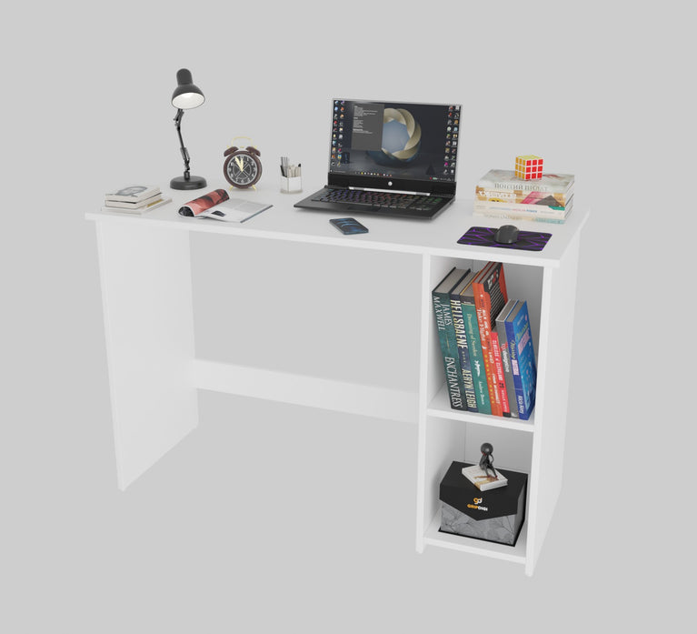 Spydercraft Orchid Study Table | Modern Study & Office Desk with Open Storage Shelves | Engineered Wood Writing Table for Home & Office | White Finish