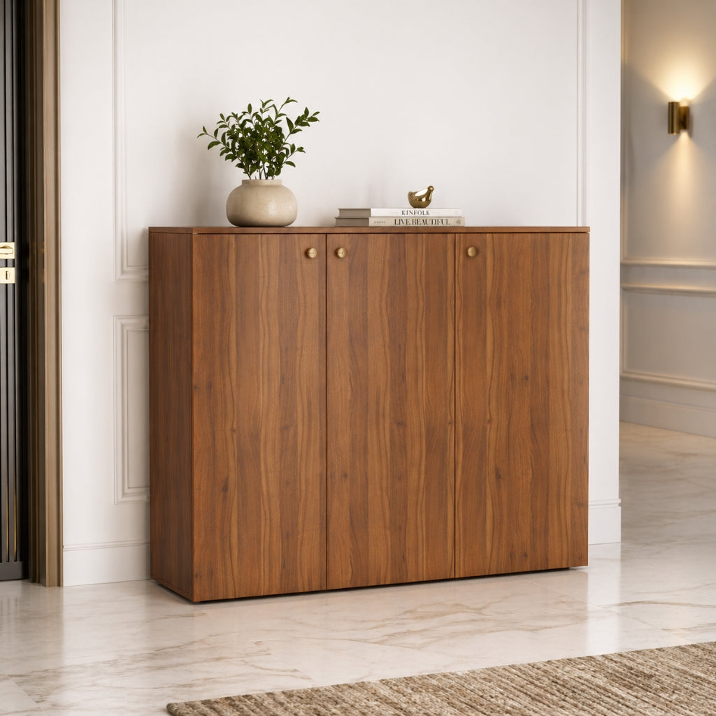 Apex 3 Door Shoe Rack Cabinet with Spacious Storage | Modern Wooden Footwear Organizer for Home & Entryway | Noce Lyon Finish