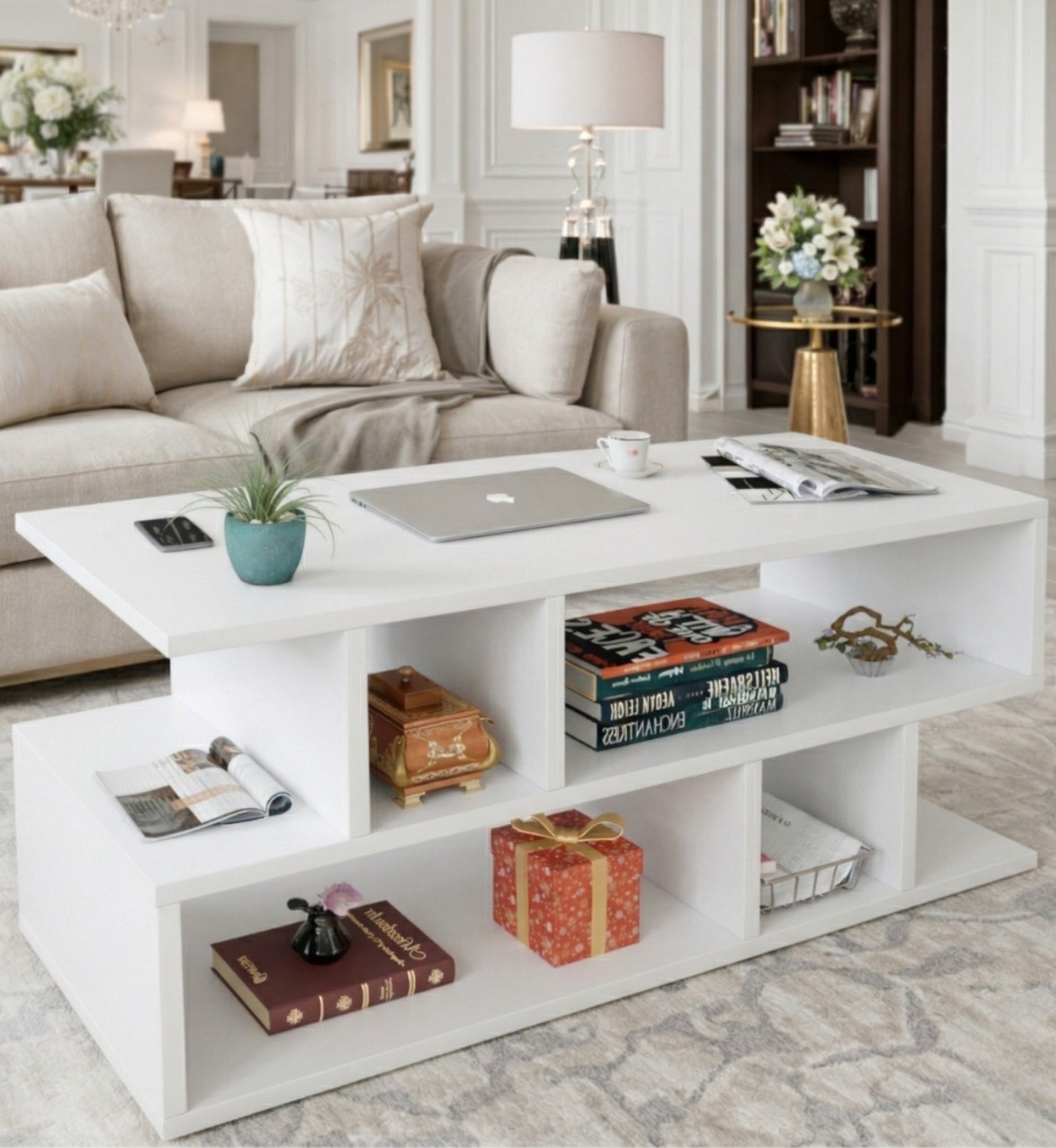 Spydercraft Zig Zag Bedside Table in White Finish | Modern Wooden Nightstand with Open Shelves | Engineered Wood Side Table