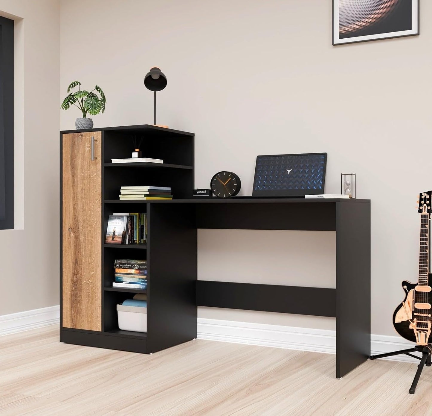 Spydercraft Canyon Oak & Black Engineered Wood DYNA Study Table with Storage Cabinet – Modern Multipurpose Desk with Shelves