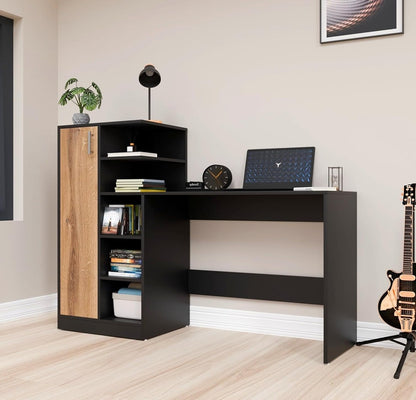 Spydercraft Canyon Oak & Black Engineered Wood DYNA Study Table with Storage Cabinet – Modern Multipurpose Desk with Shelves