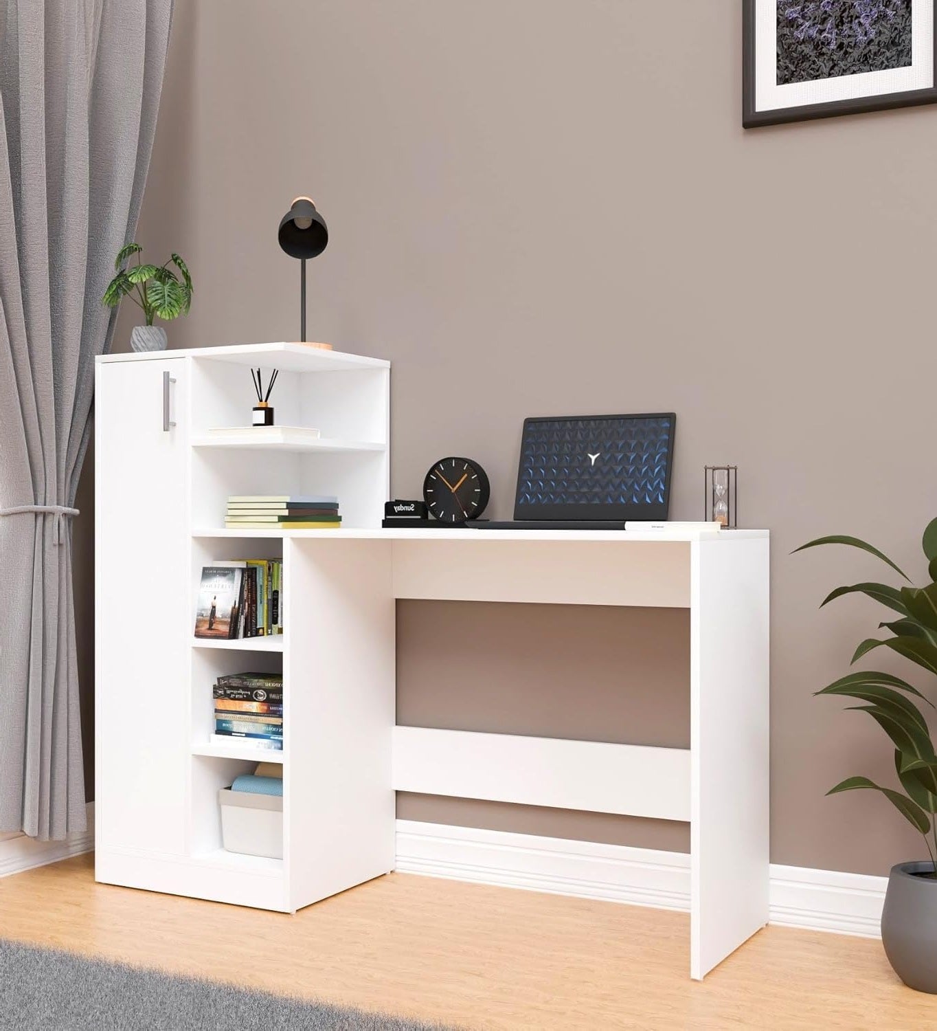 Spydercraft White Engineered Wood DYNA Study Table with Storage Cabinet – Modern Multipurpose Desk with Shelves