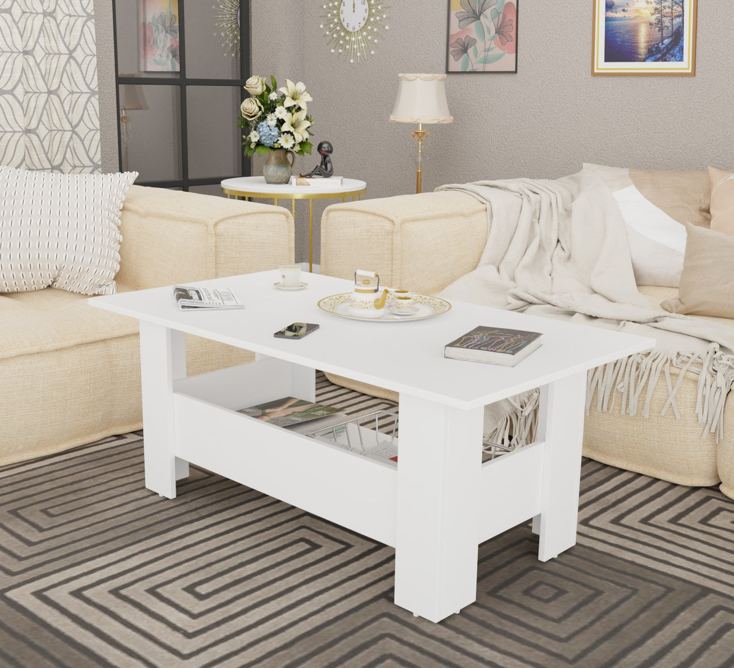 Spyder Craft Gabrial Modern Wooden Coffee Table with Storage| Coffee Table for Living Room Engineered Wood Coffee Table (Modern, White)