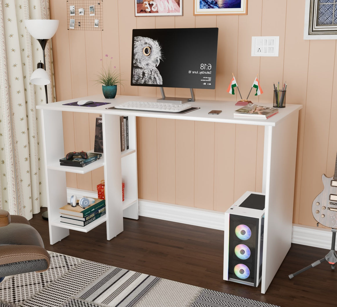 Spydercraft Modern Study Table with Storage Shelves in White Finish | Minimalist Computer Desk for Home & Office