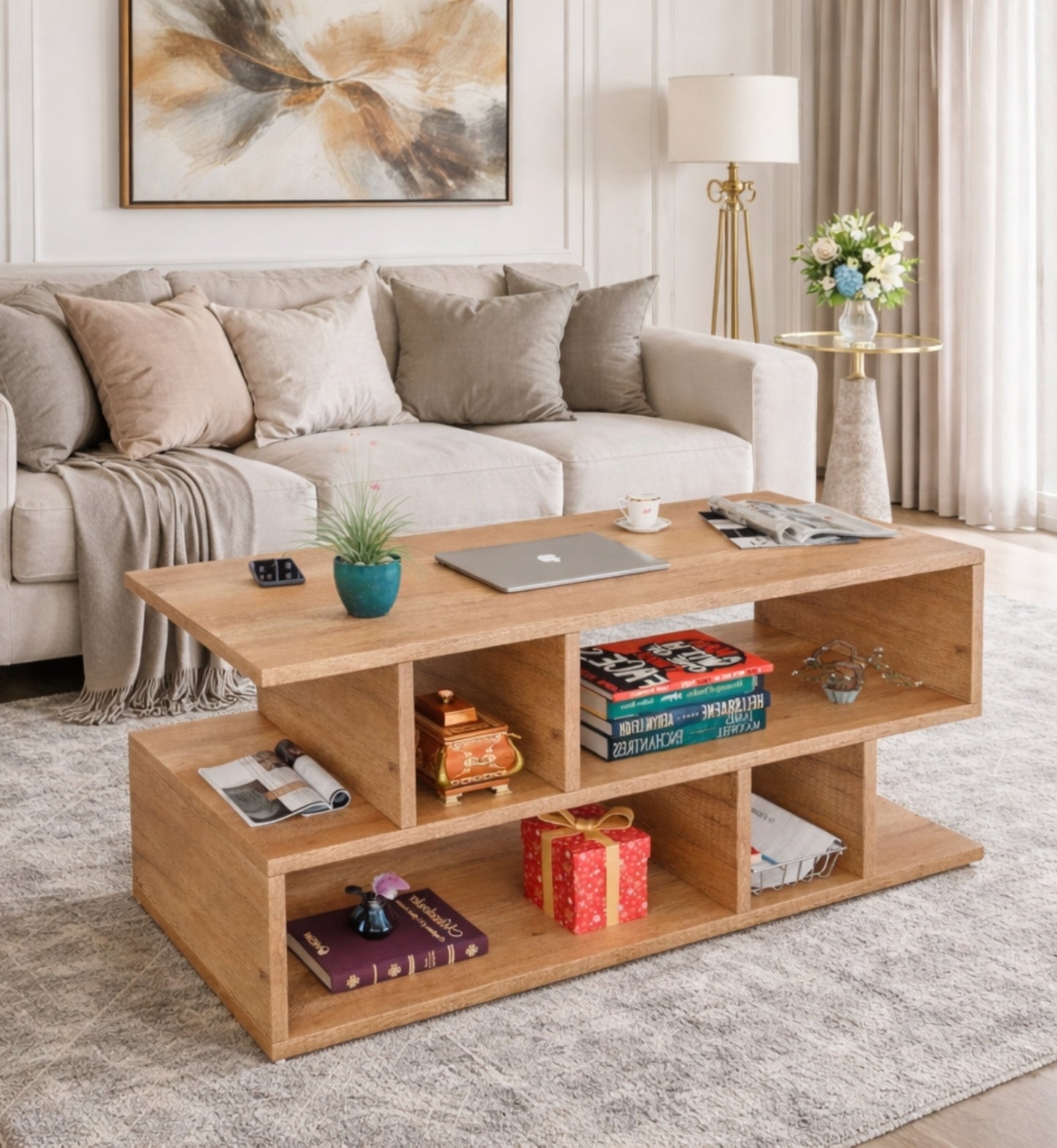 Spydercraft Zig Zag Bedside Table in Canyon Oak Finish | Modern Wooden Nightstand with Open Shelves | Engineered Wood Side Table
