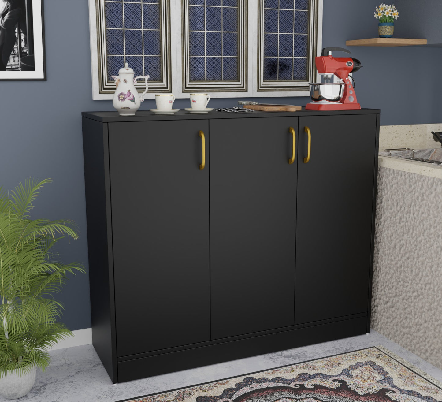 Spydercraft Accent Modern Storage Cabinet with Matte Finish and Premium Metal Handles| Color: Black | Multipurpose cabinet